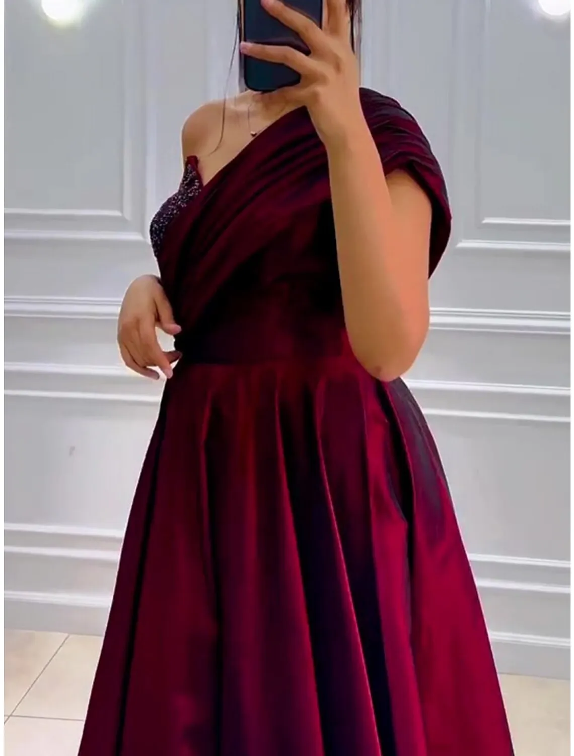 A-Line Evening Gown Elegant Dress Formal Floor Length Short Sleeve One Shoulder Satin with Pleats Ruched Sequin