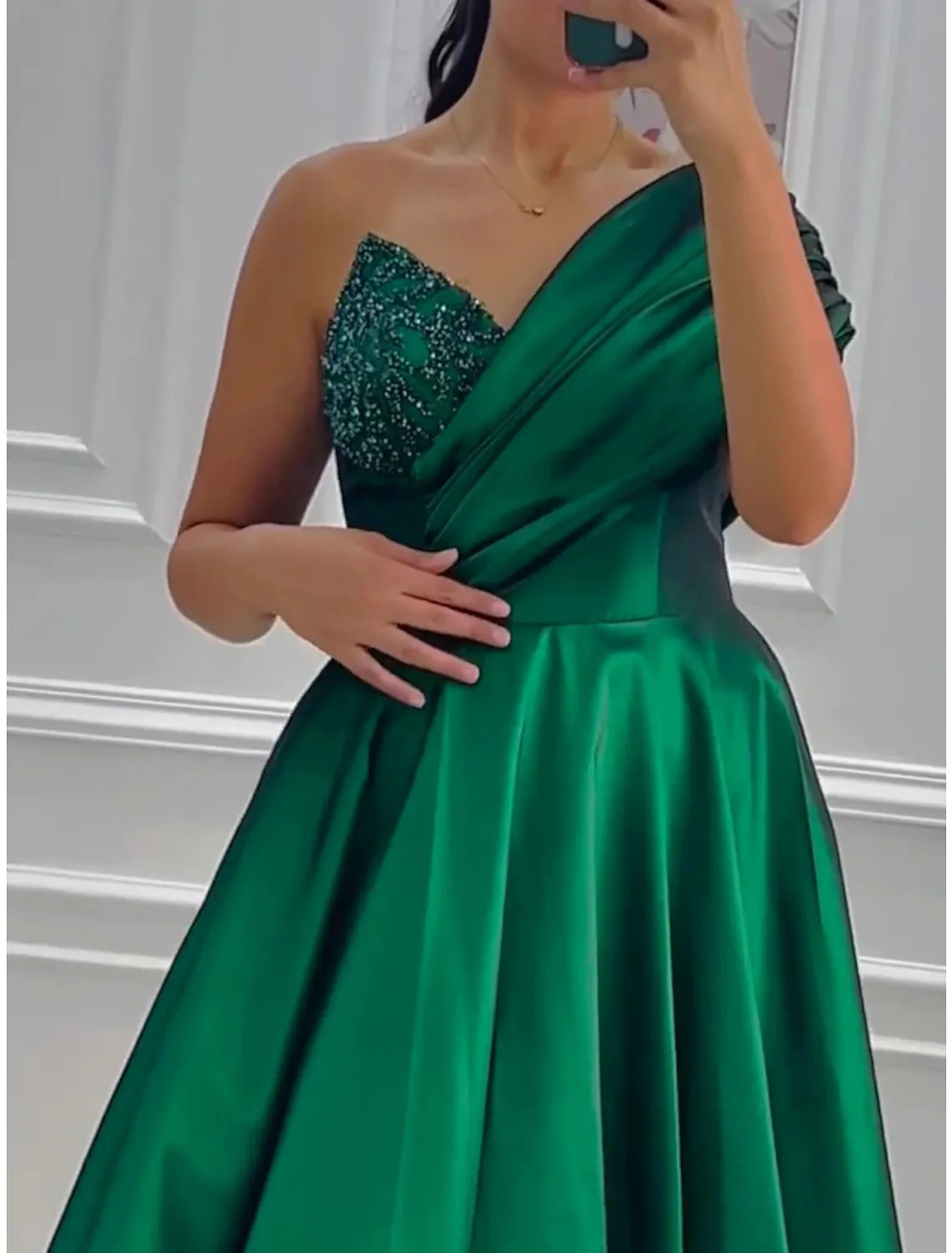 A-Line Evening Gown Elegant Dress Formal Floor Length Short Sleeve One Shoulder Satin with Pleats Ruched Sequin