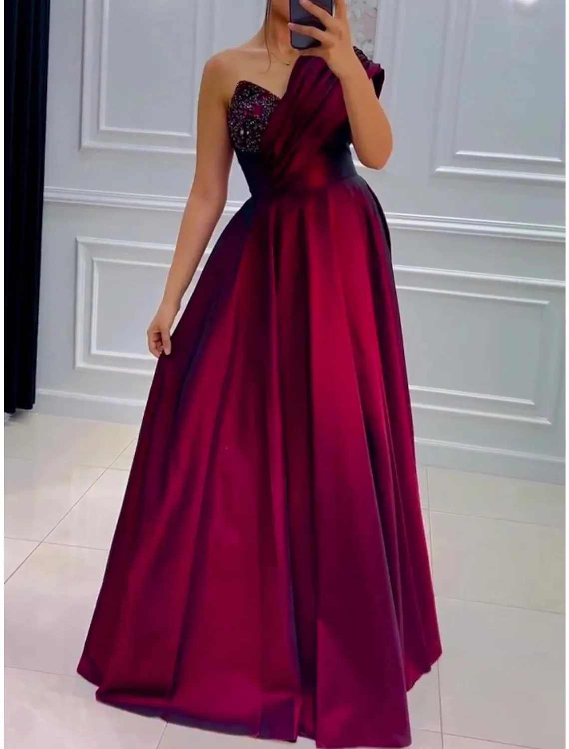 A-Line Evening Gown Elegant Dress Formal Floor Length Short Sleeve One Shoulder Satin with Pleats Ruched Sequin