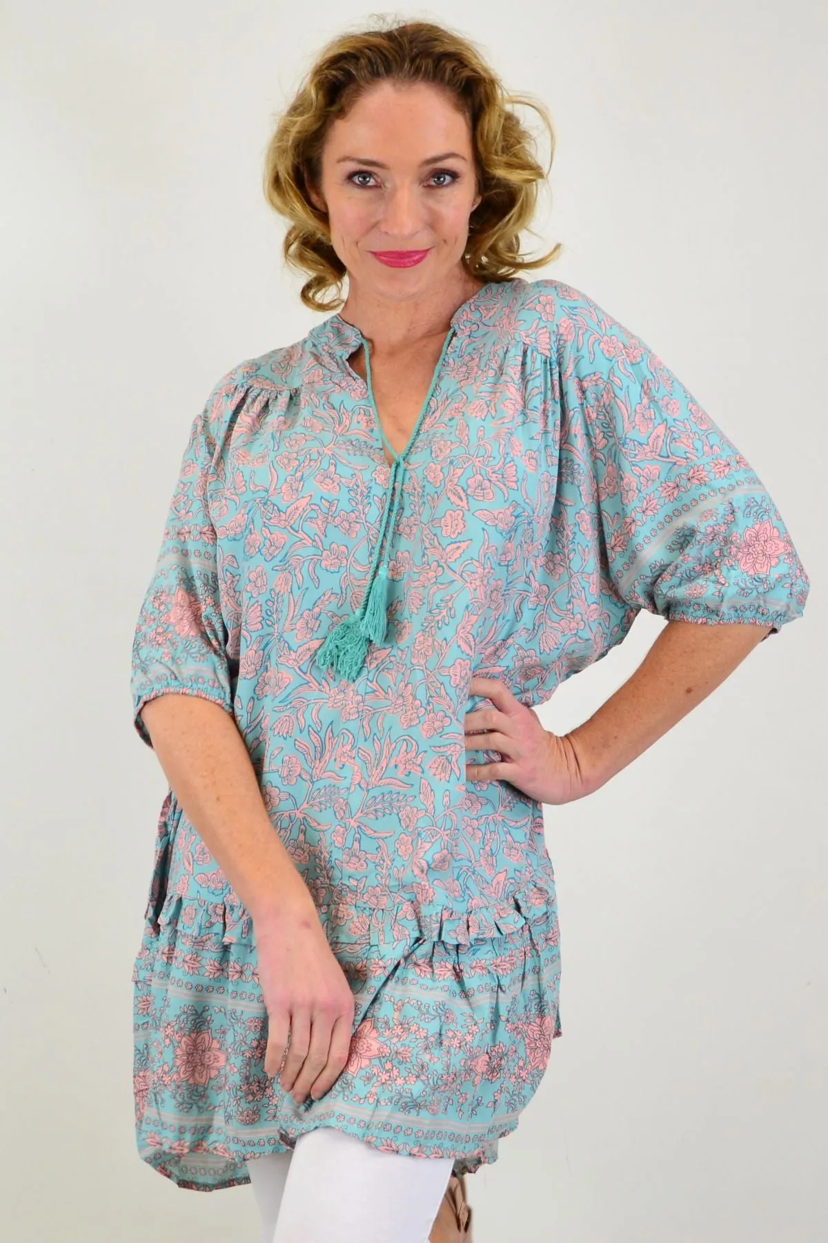 Aqua Bell Ruffle Tunic Top