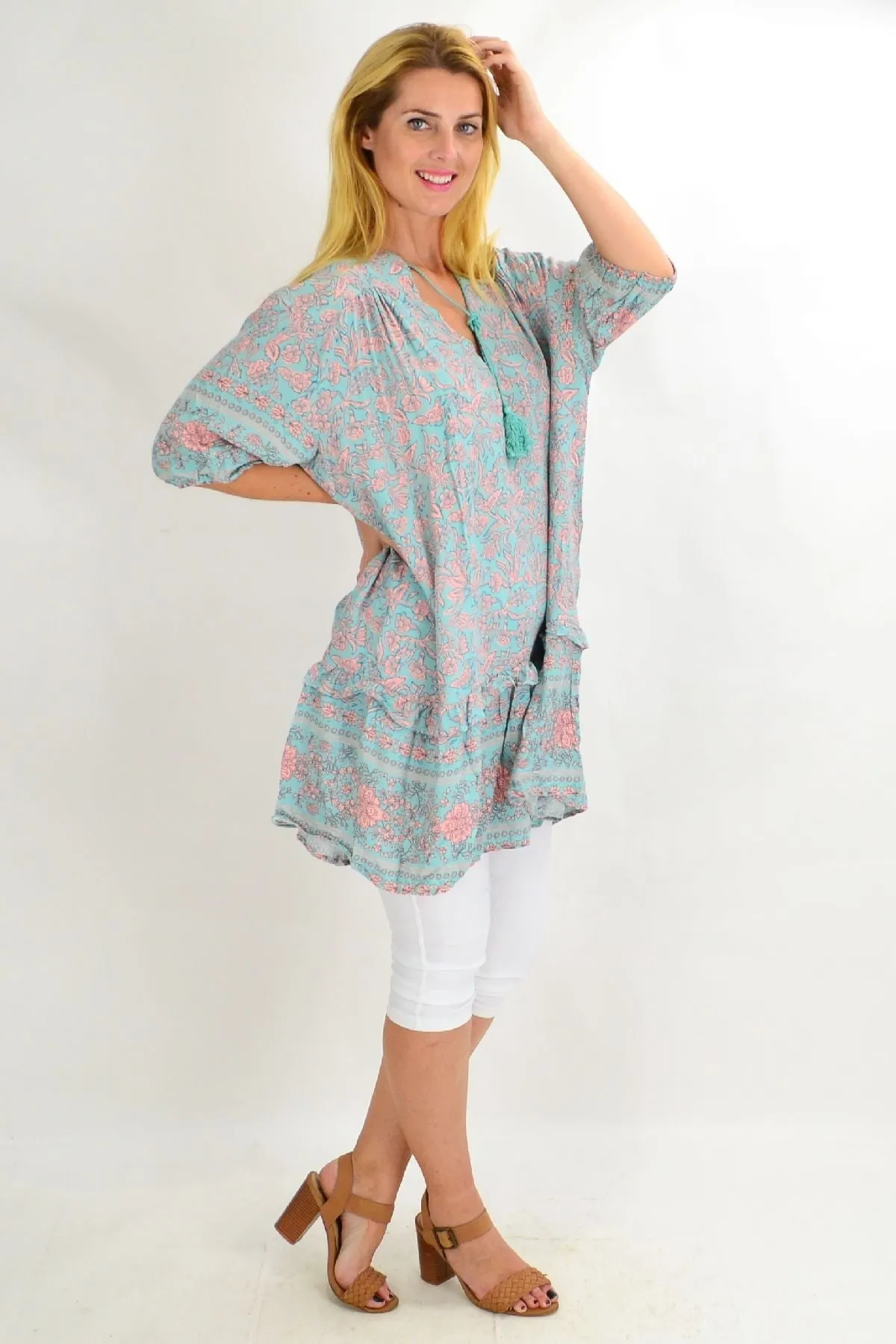 Aqua Bell Ruffle Tunic Top