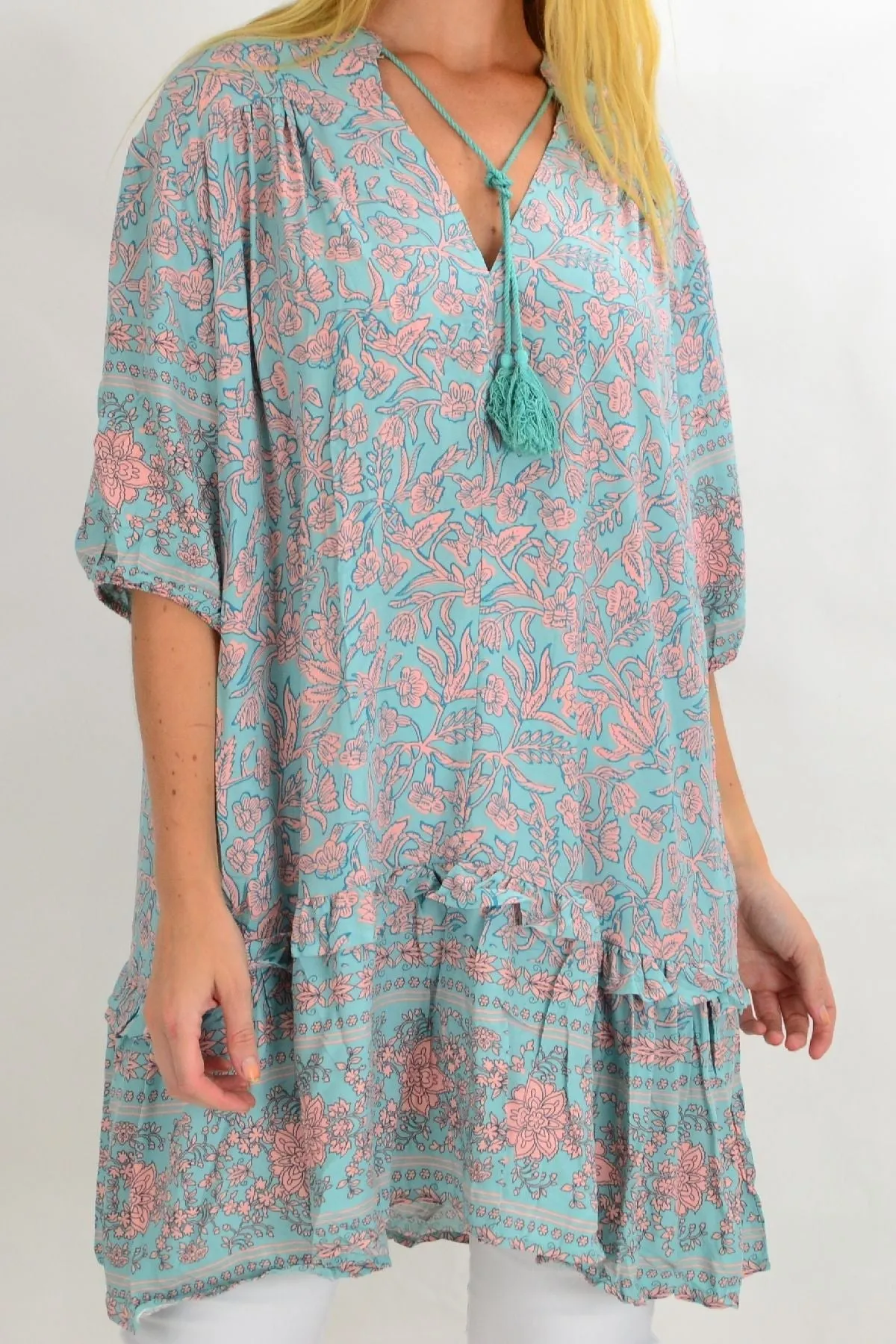 Aqua Bell Ruffle Tunic Top