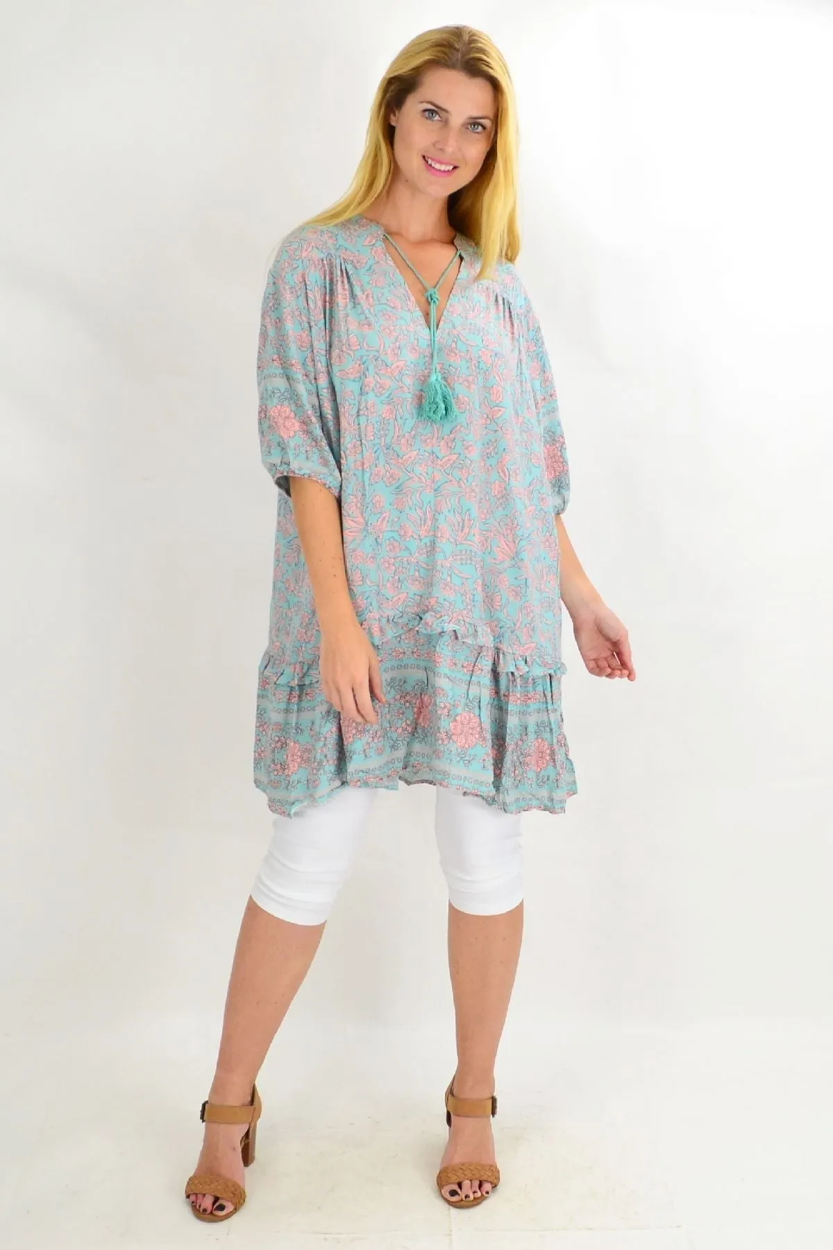 Aqua Bell Ruffle Tunic Top
