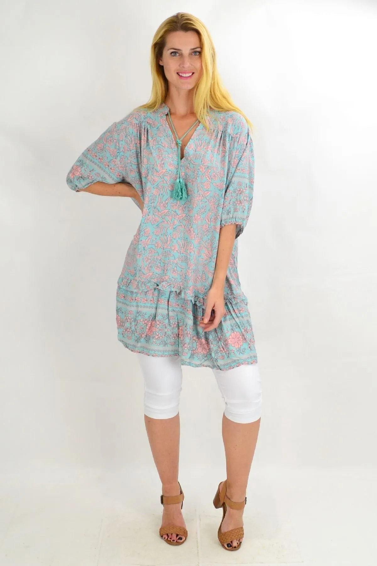 Aqua Bell Ruffle Tunic Top