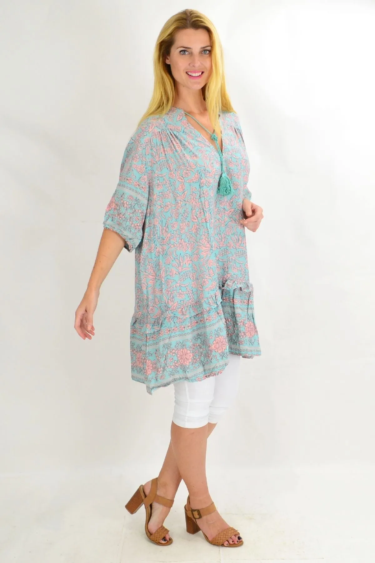 Aqua Bell Ruffle Tunic Top