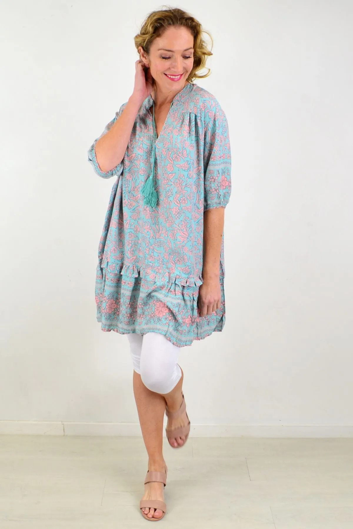 Aqua Bell Ruffle Tunic Top