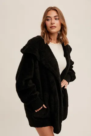 Black Soft Plush Hooded Jacket with pockets