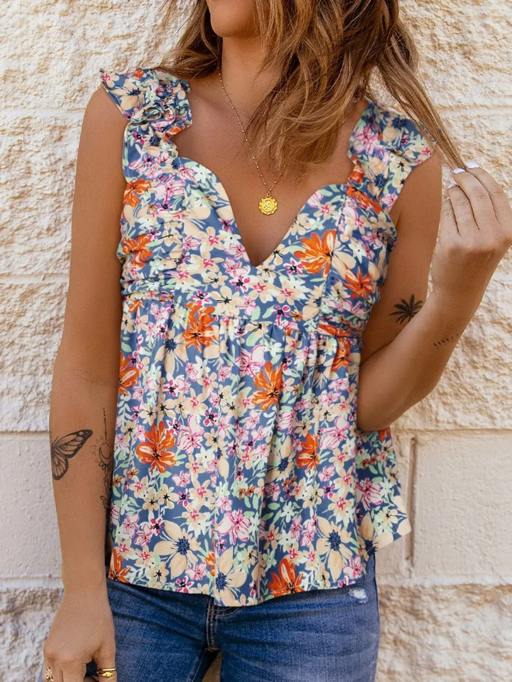 Blue and Orange Floral Top