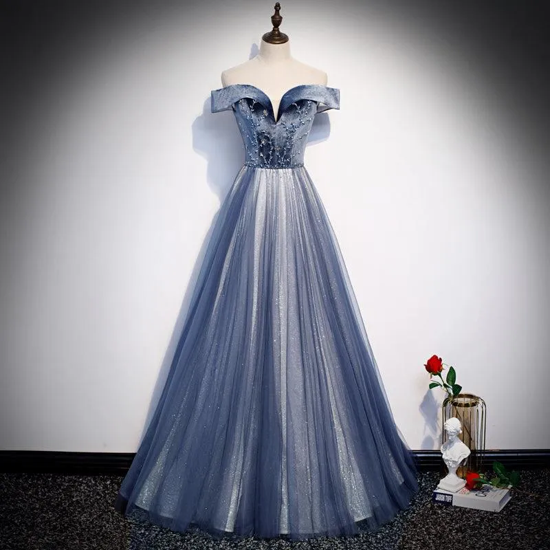 Blue Off shoulder V-Neck Elegant Evening Dress
