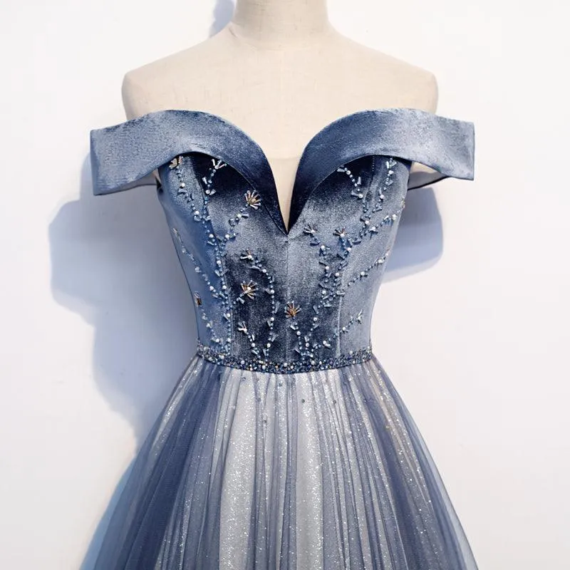 Blue Off shoulder V-Neck Elegant Evening Dress