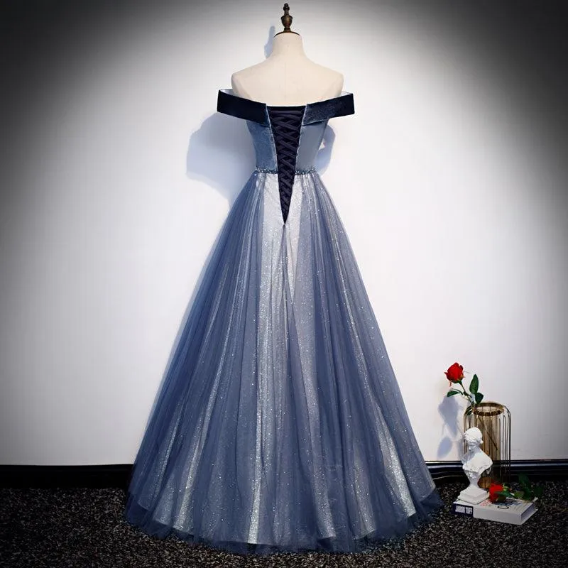 Blue Off shoulder V-Neck Elegant Evening Dress