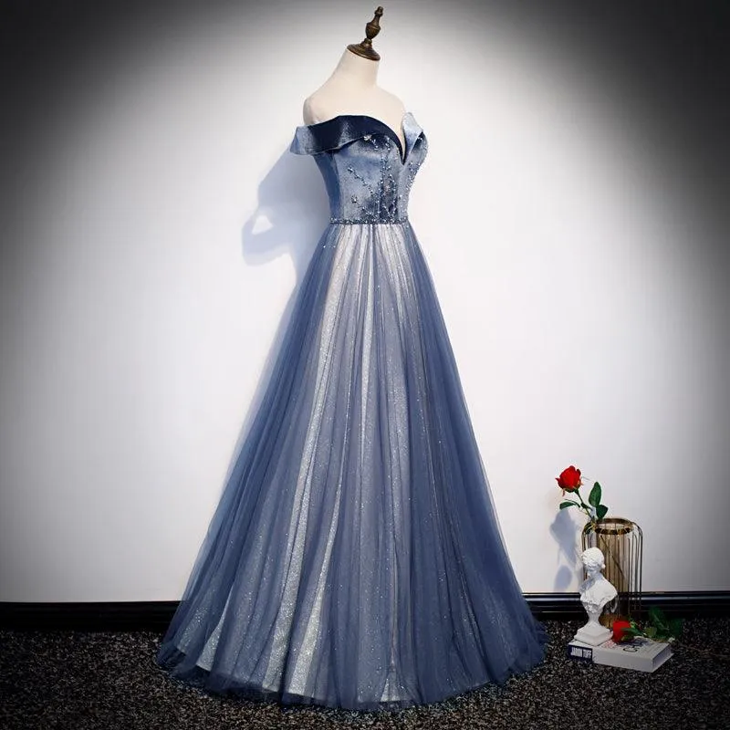 Blue Off shoulder V-Neck Elegant Evening Dress