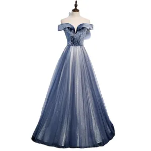 Blue Off shoulder V-Neck Elegant Evening Dress