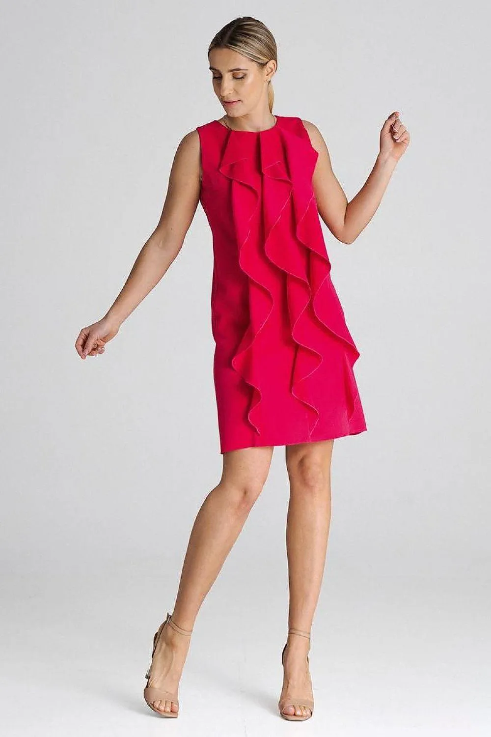 Chic Sleeveless Trapeze Cocktail Dress with Ruffle Accents