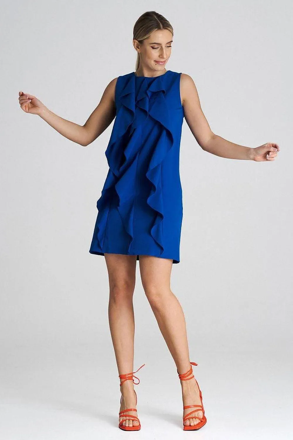 Chic Sleeveless Trapeze Cocktail Dress with Ruffle Accents