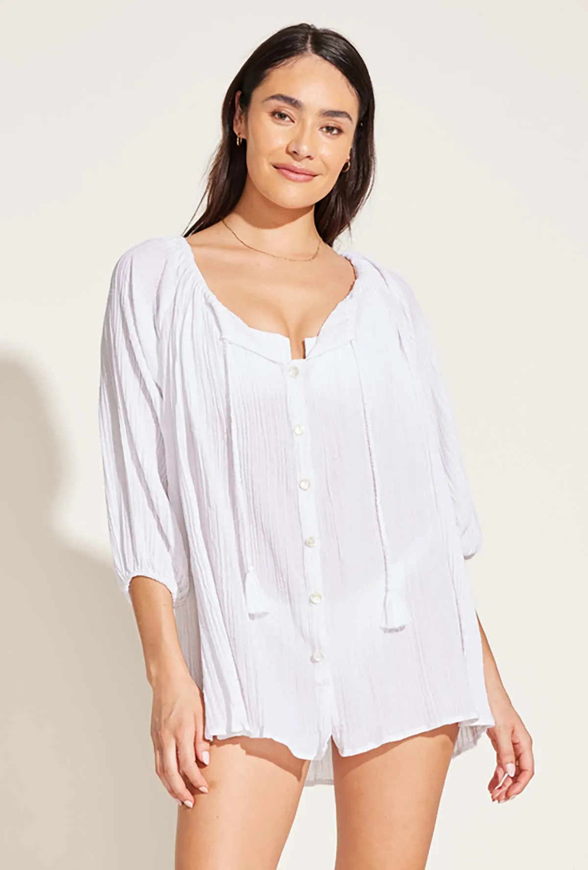 Costa Shirt Dress - White Crinkle Organic Cotton