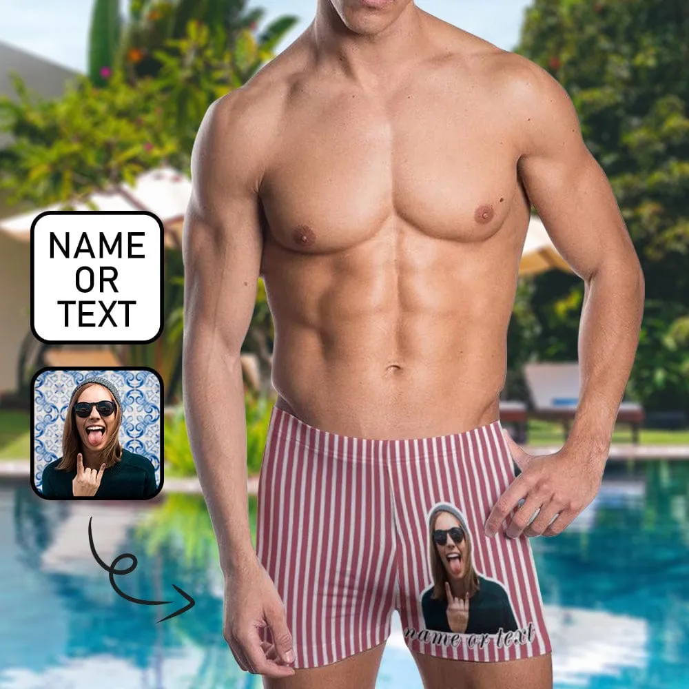 Custom Face & Name Red Stripes Men's Athletic Swim Jammers Quick Dry Waterproof Compression Square Leg Swim Briefs Swimsuit