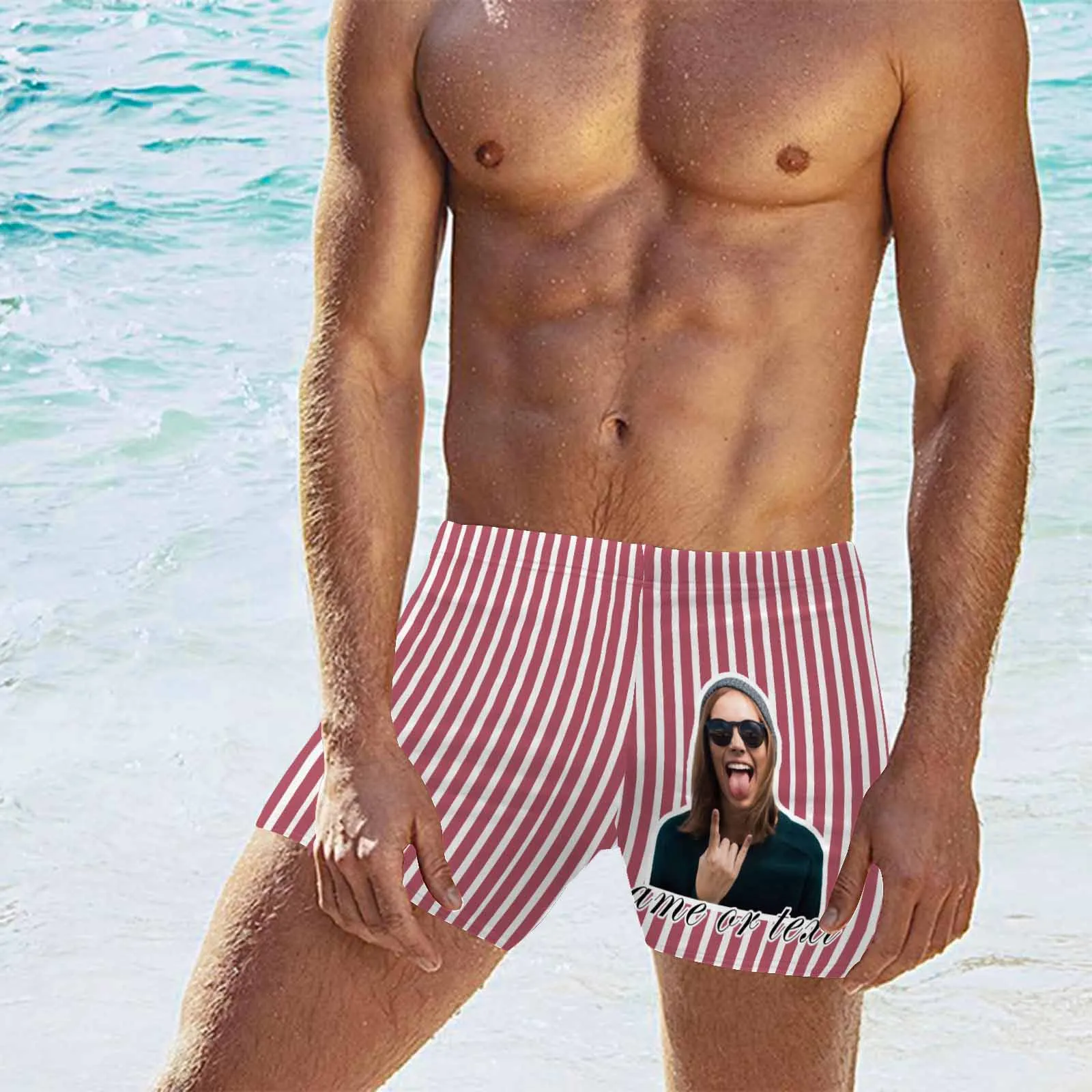 Custom Face & Name Red Stripes Men's Athletic Swim Jammers Quick Dry Waterproof Compression Square Leg Swim Briefs Swimsuit