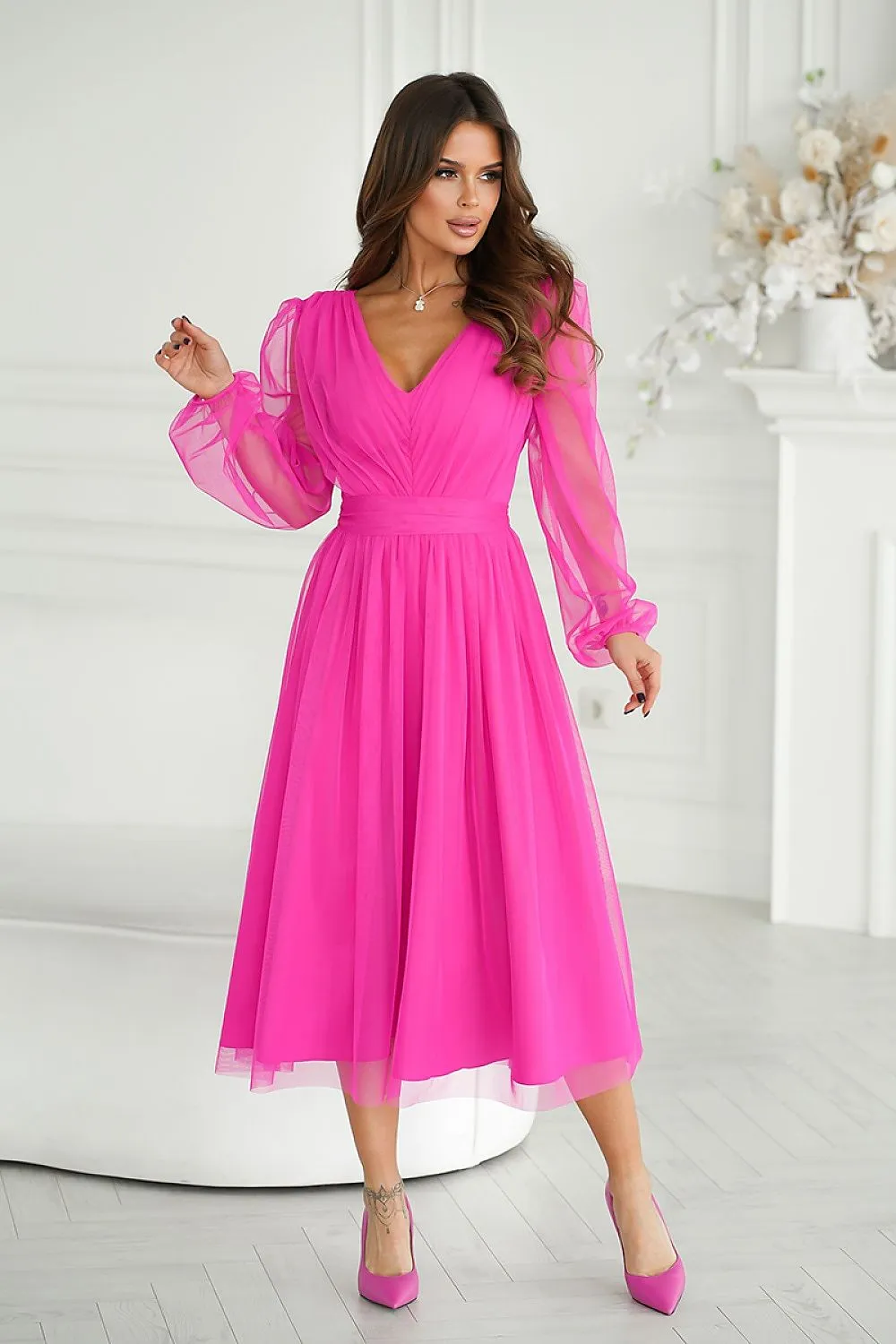 Elegant Brocade Mesh Midi Dress