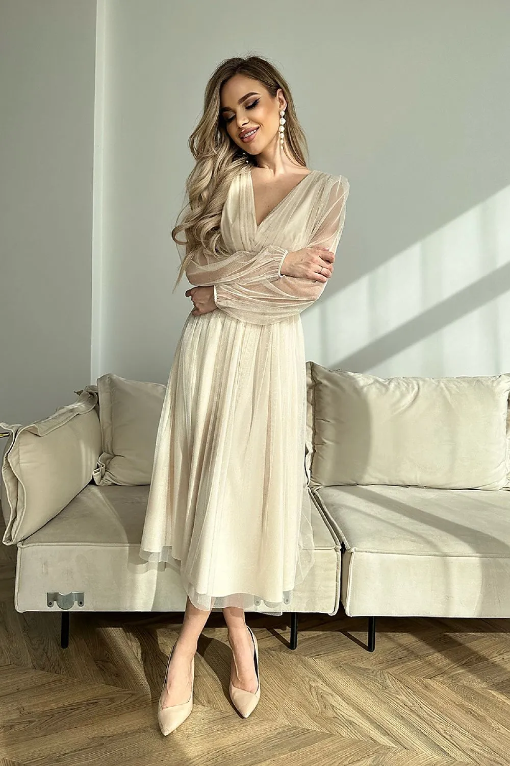 Elegant Brocade Mesh Midi Dress