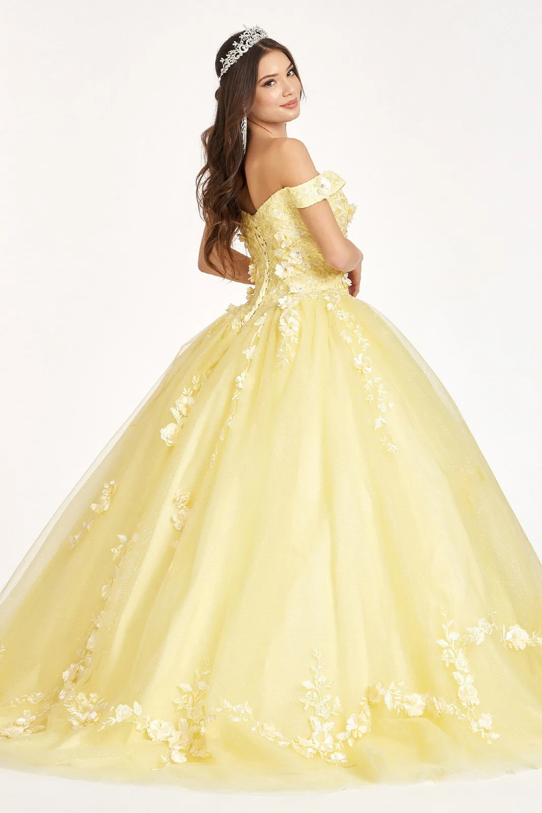 Embroidery Embellished Glitter-Mesh Cut-Away Shoulder Quinceanera Dress GLGL1958