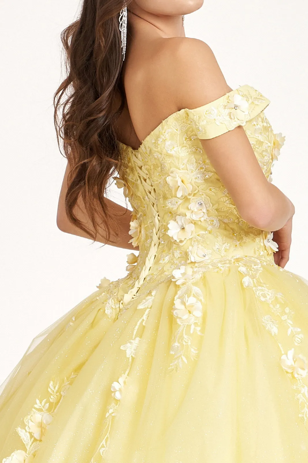 Embroidery Embellished Glitter-Mesh Cut-Away Shoulder Quinceanera Dress GLGL1958