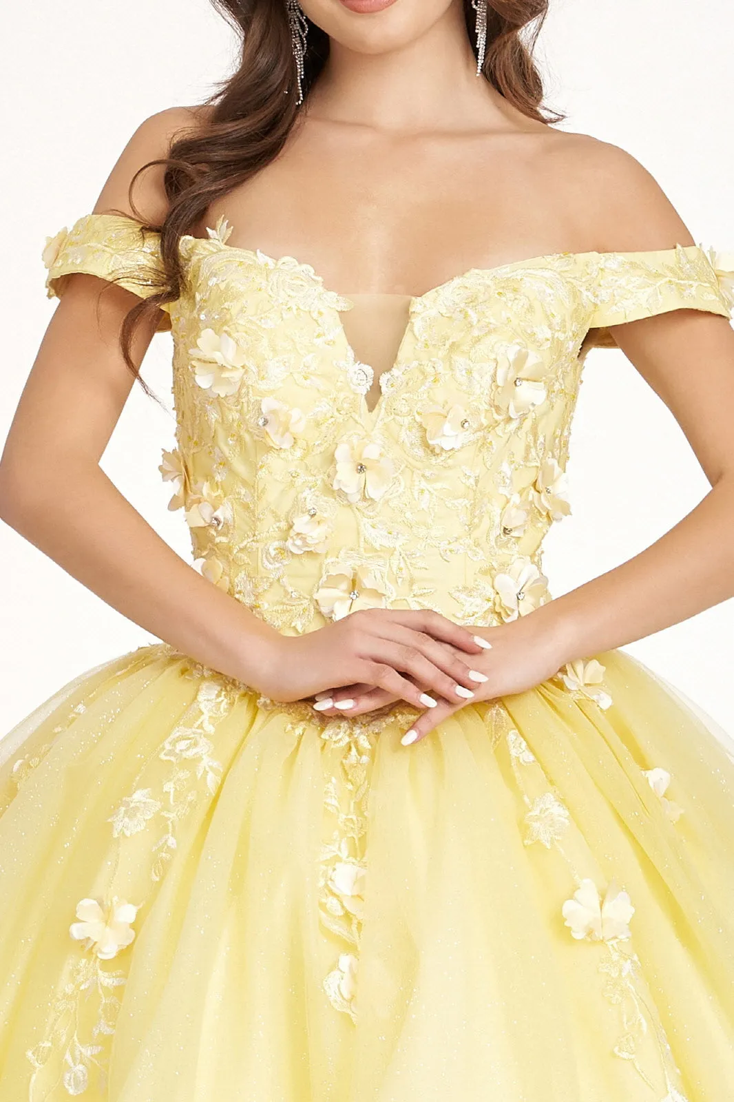 Embroidery Embellished Glitter-Mesh Cut-Away Shoulder Quinceanera Dress GLGL1958