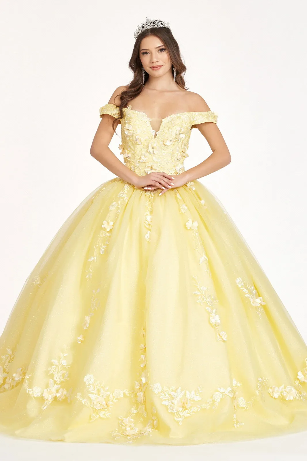 Embroidery Embellished Glitter-Mesh Cut-Away Shoulder Quinceanera Dress GLGL1958
