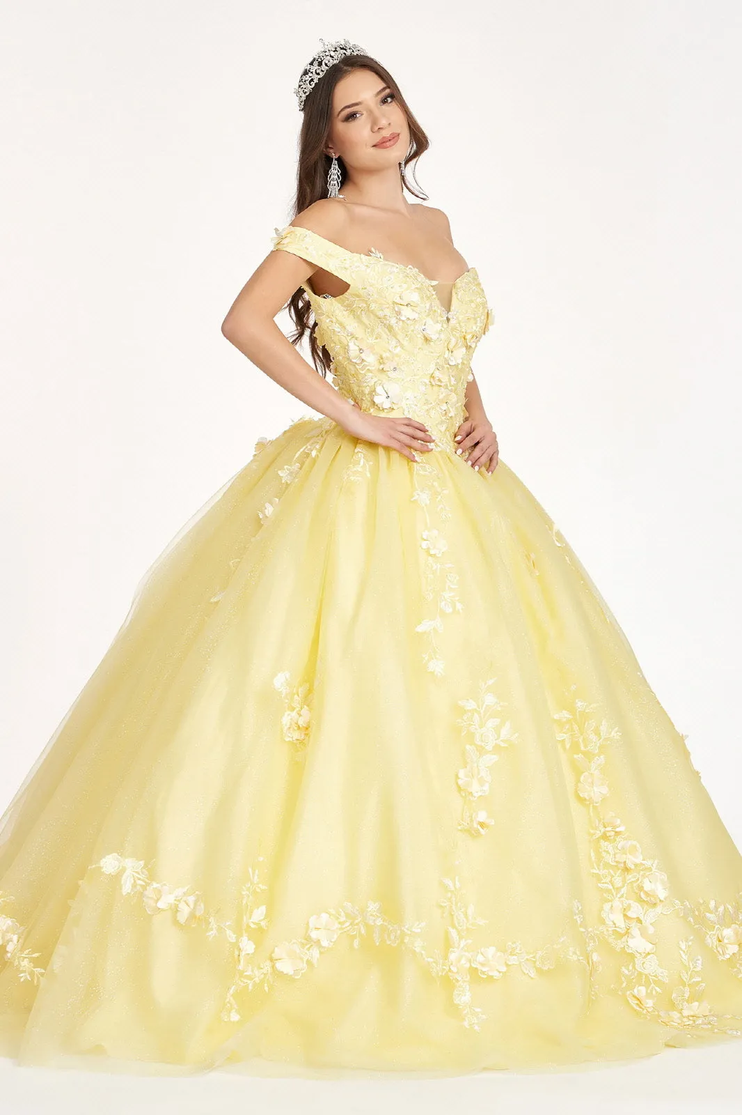 Embroidery Embellished Glitter-Mesh Cut-Away Shoulder Quinceanera Dress GLGL1958