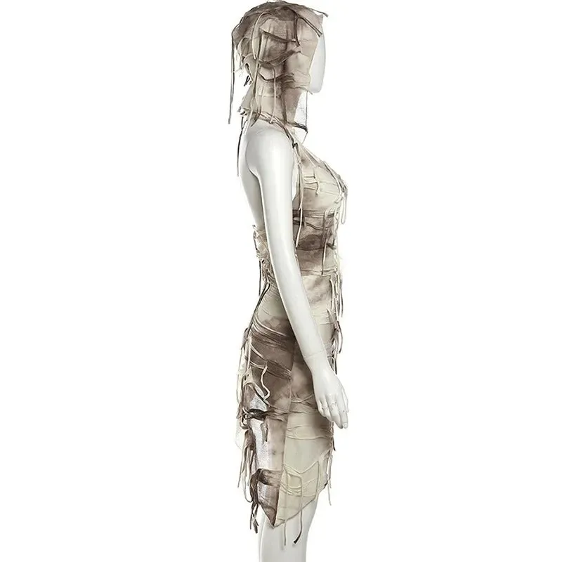 Ephemeral Whispers Tie-Dye Dress - Gothic Vintage Tie Dye Print Slim Hooded Dresses Women Sexy Tassel Sleeveless Bodycon Club Party Mini Dress Streetwear