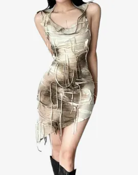 Ephemeral Whispers Tie-Dye Dress - Gothic Vintage Tie Dye Print Slim Hooded Dresses Women Sexy Tassel Sleeveless Bodycon Club Party Mini Dress Streetwear