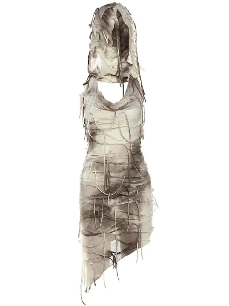 Ephemeral Whispers Tie-Dye Dress - Gothic Vintage Tie Dye Print Slim Hooded Dresses Women Sexy Tassel Sleeveless Bodycon Club Party Mini Dress Streetwear