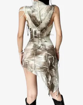 Ephemeral Whispers Tie-Dye Dress - Gothic Vintage Tie Dye Print Slim Hooded Dresses Women Sexy Tassel Sleeveless Bodycon Club Party Mini Dress Streetwear