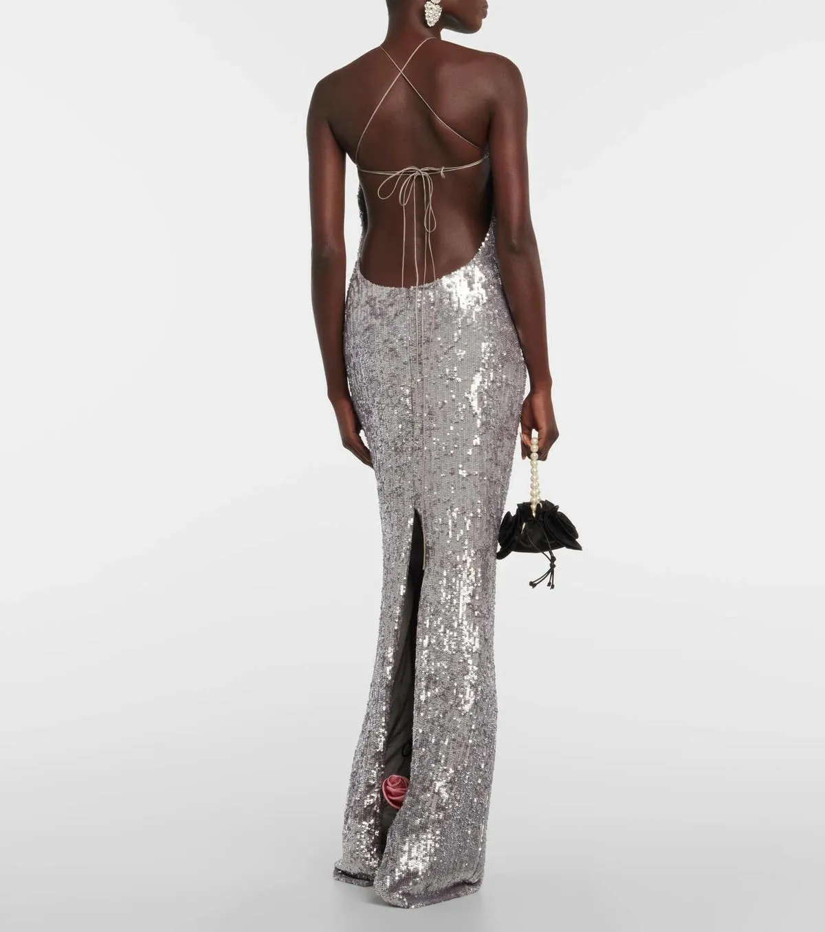 Floral-appliqué sequined gown