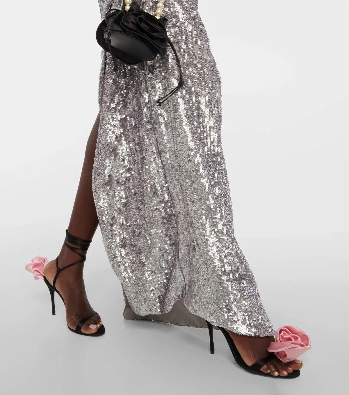 Floral-appliqué sequined gown