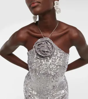 Floral-appliqué sequined gown