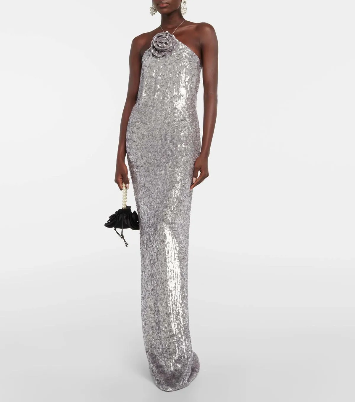 Floral-appliqué sequined gown