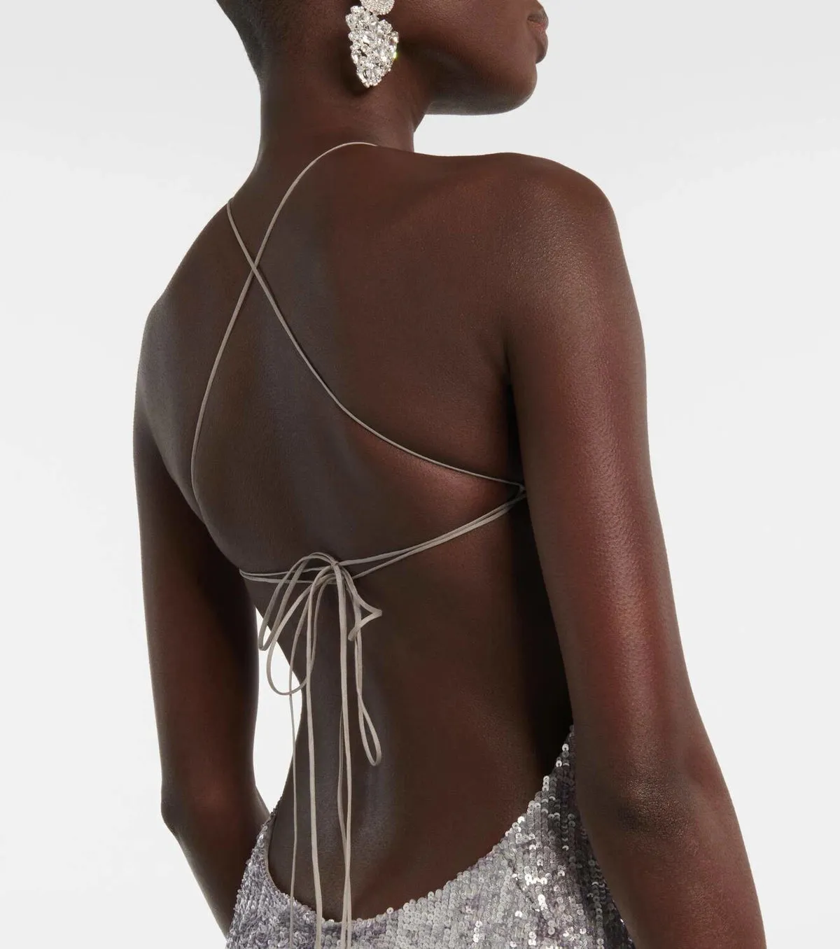 Floral-appliqué sequined gown