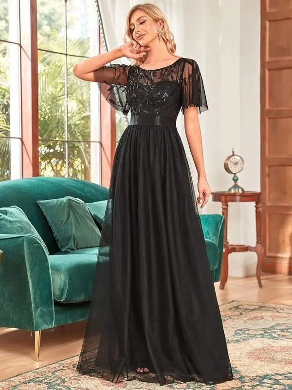 Georgia flutter sleeve evening dress in black s14 Express NZ wide