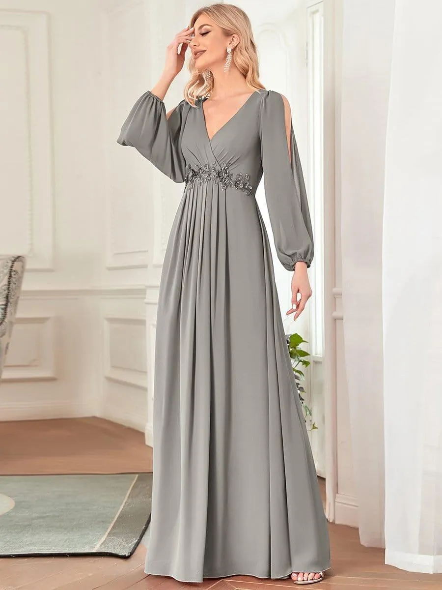 Iris | Elegant Chiffon V-Neckline Long Sleeve Formal Evening Dress