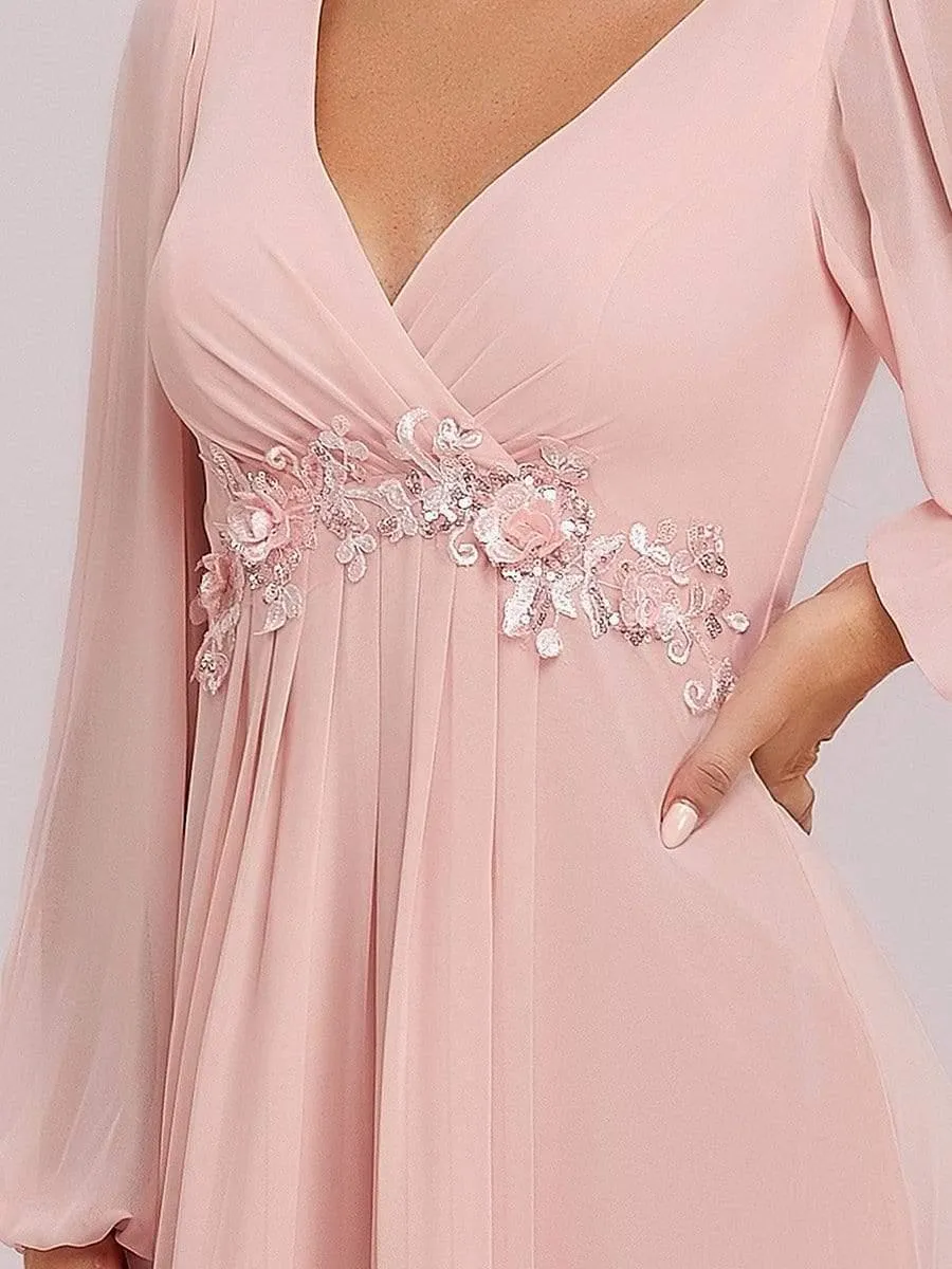 Iris | Elegant Chiffon V-Neckline Long Sleeve Formal Evening Dress