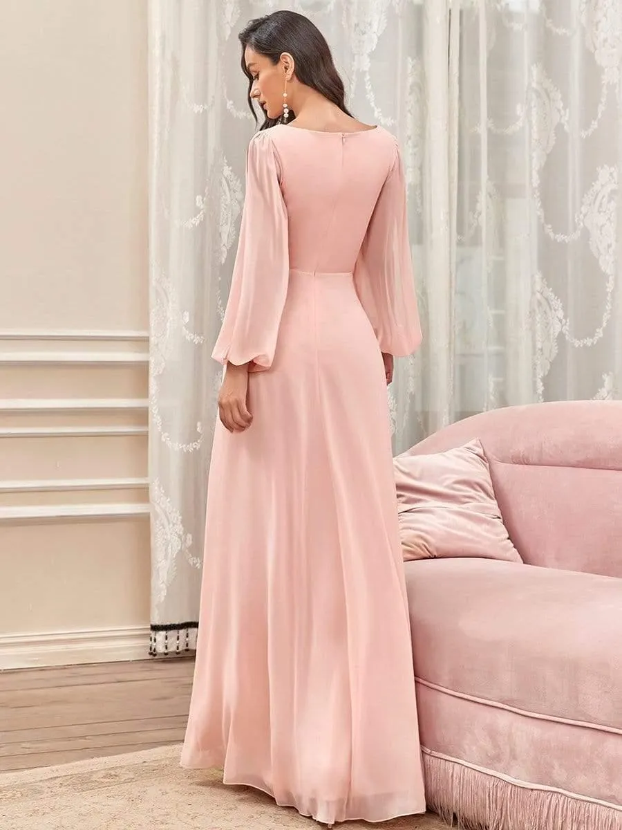 Iris | Elegant Chiffon V-Neckline Long Sleeve Formal Evening Dress