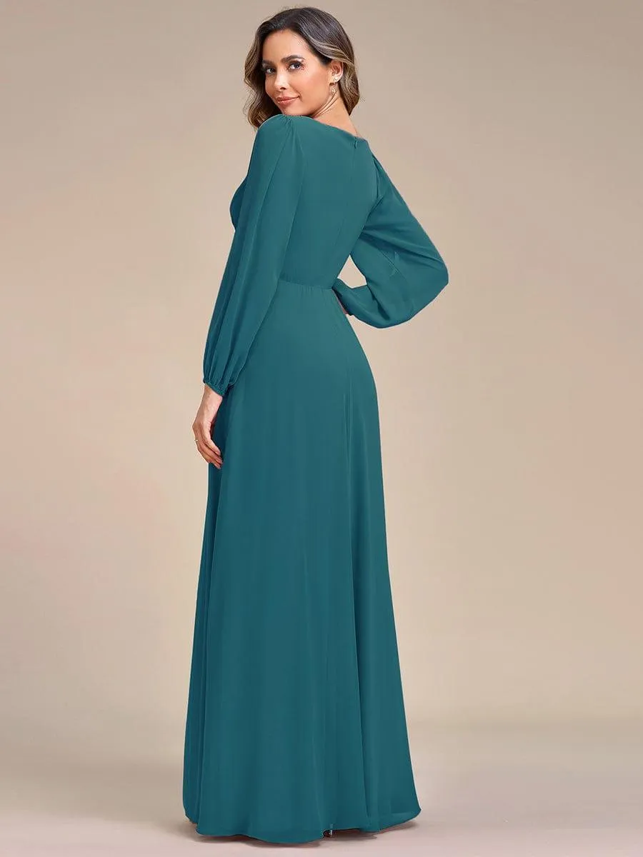 Iris | Elegant Chiffon V-Neckline Long Sleeve Formal Evening Dress