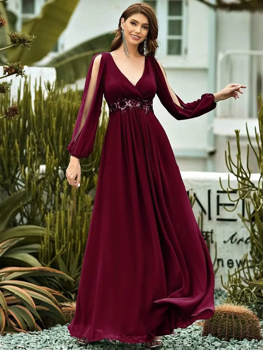 Iris | Elegant Chiffon V-Neckline Long Sleeve Formal Evening Dress