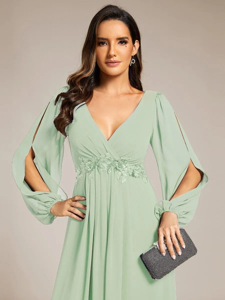 Iris | Elegant Chiffon V-Neckline Long Sleeve Formal Evening Dress