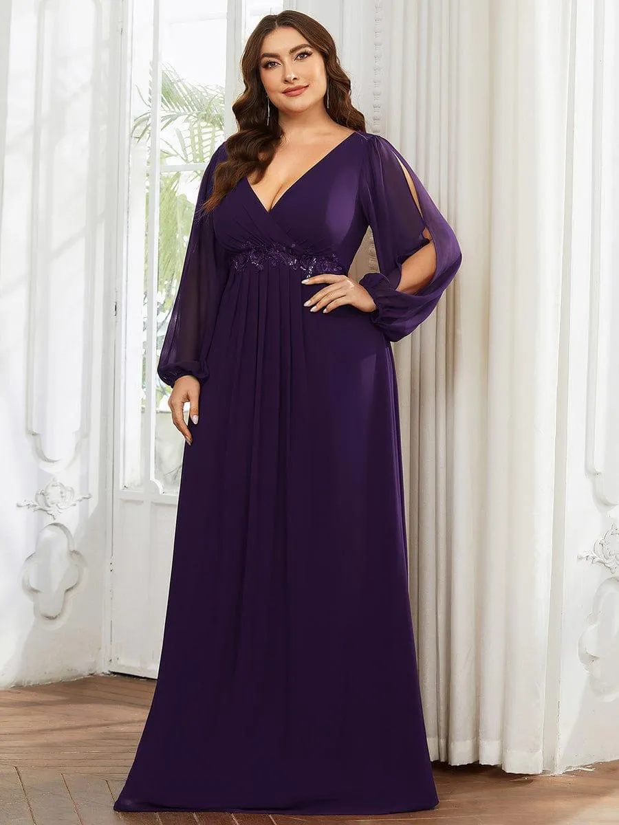Iris | Elegant Chiffon V-Neckline Long Sleeve Formal Evening Dress