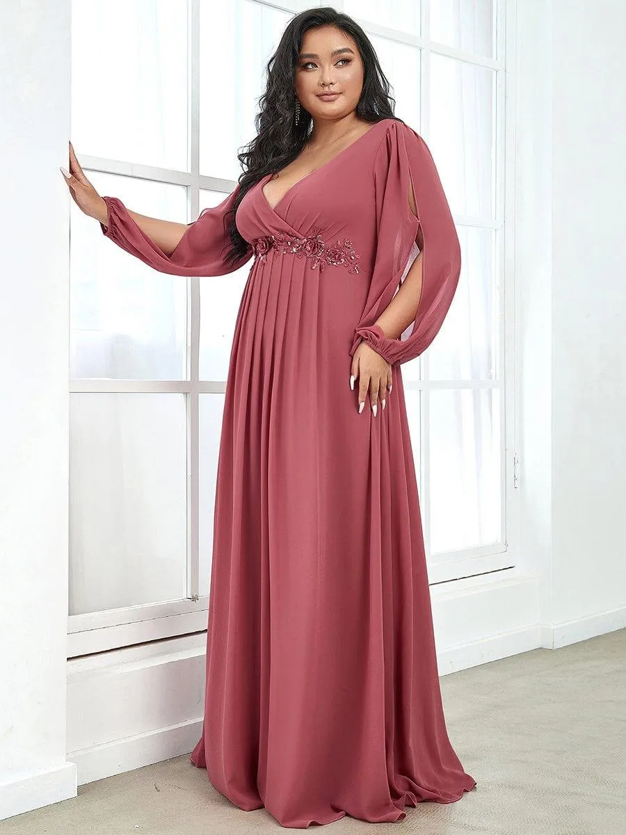 Iris | Elegant Chiffon V-Neckline Long Sleeve Formal Evening Dress