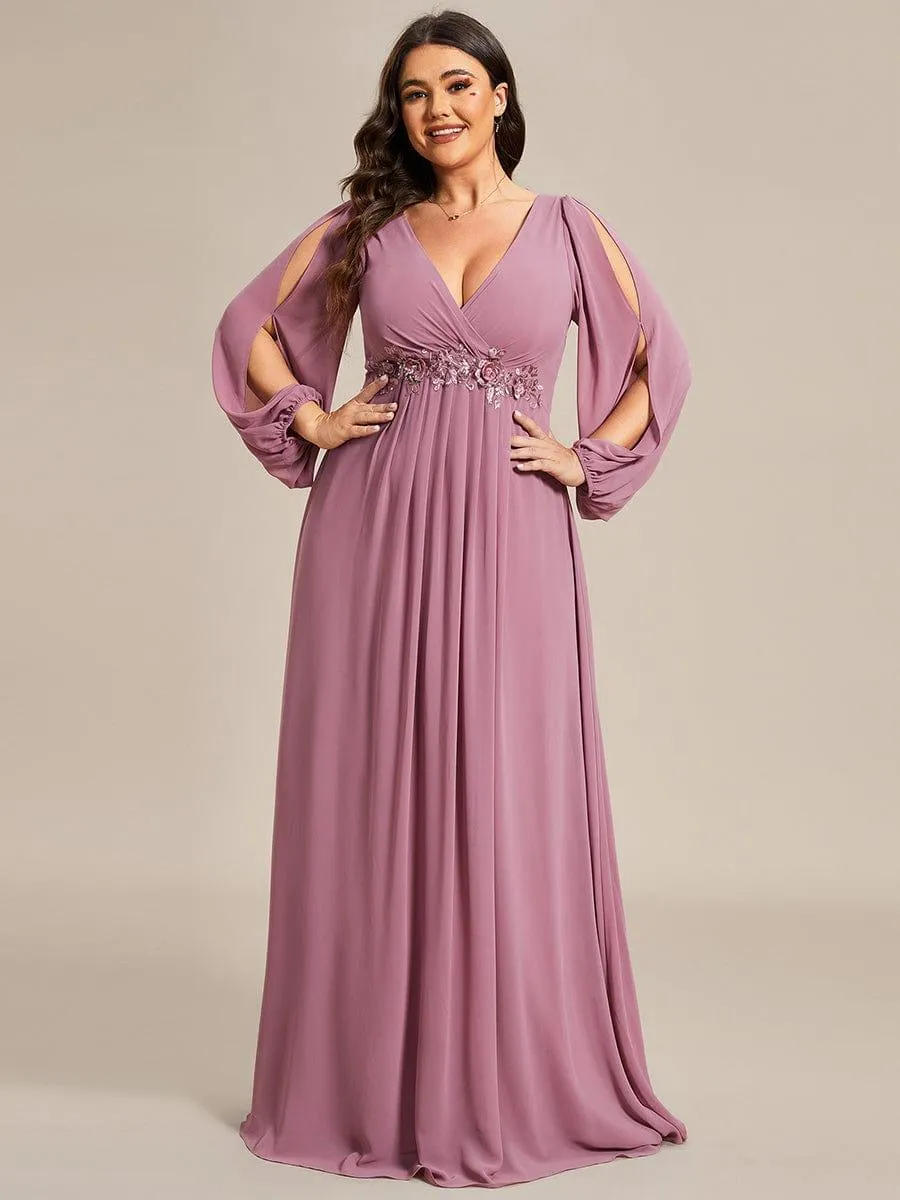 Iris | Elegant Chiffon V-Neckline Long Sleeve Formal Evening Dress