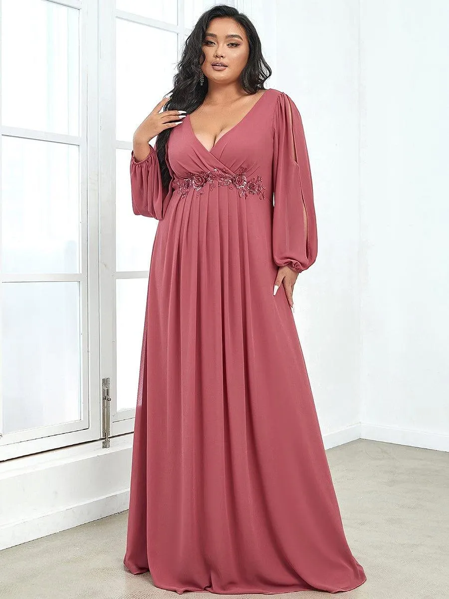 Iris | Elegant Chiffon V-Neckline Long Sleeve Formal Evening Dress
