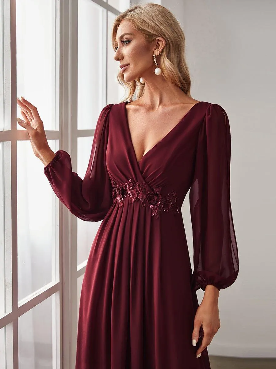 Iris | Elegant Chiffon V-Neckline Long Sleeve Formal Evening Dress